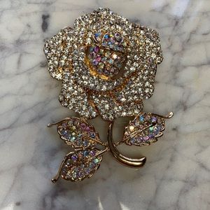 NWT Large Rose Brooch Pin White Rhinestones 3”